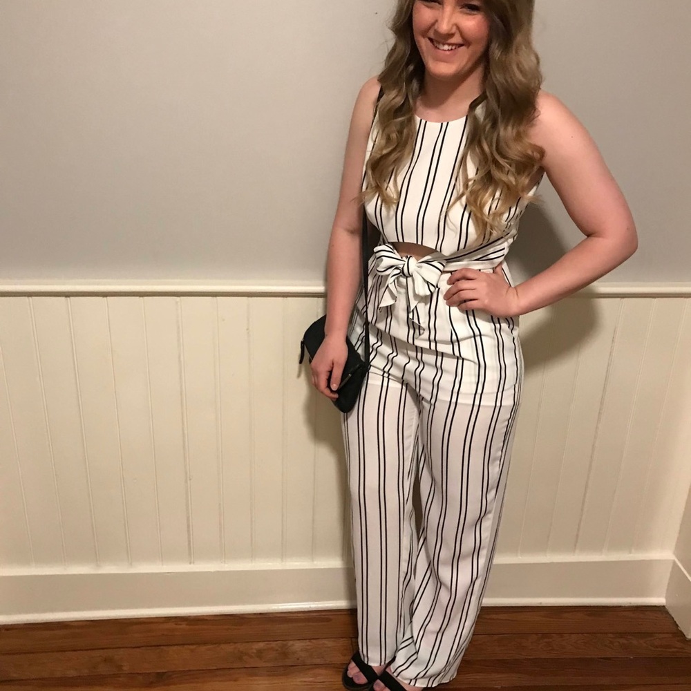 White & Black Pinstripe Jumpsuit, size medium.